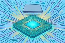 Cartoon illustration of a sleek laptop floating above a glowing computer chip, symbolizing the Nvidia RTX Spark Arm processor in Microsoft's Surface Laptop Ultra.