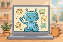 Cartoon illustration of a friendly robot assistant on a laptop video call with floating chat bubbles.