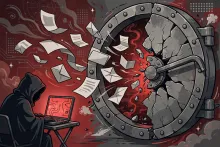 Cartoon illustration of a hooded figure at a computer reaching toward a cracked government database vault.