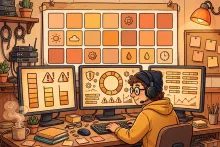 Cartoon illustration of an IT administrator checking a wall of computer monitors showing update alerts.
