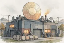 Cartoon illustration of a memory-chip factory with a picket-sign motif.