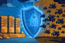 Cartoon illustration of a glowing security shield blocking dark botnet drones from reaching network servers.