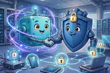 Cartoon illustration of a quantum computer and a shield-shaped security guardian protecting a segmented enterprise network in a data center.