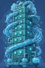 Cartoon illustration of a towering liquid-cooled AI server rack wrapped in glowing blue cooling pipes, with stylized computer chips on each server module.