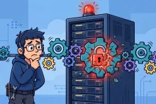 Cartoon illustration of a worried IT administrator beside a server rack and software pipeline with a cracked gear and broken padlock.