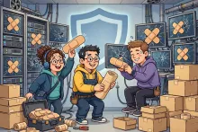 Cartoon illustration of an IT team applying oversized bandage patches to servers in a data center.