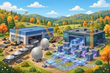 Cartoon illustration of two new semiconductor fabs under construction in New York with silicon wafers and glowing photonic chips feeding data center servers.