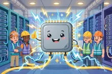 Cartoon illustration of a giant friendly computer chip giving a thumbs up among server racks inside a bright data center.