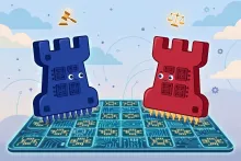 Cartoon illustration of two giant memory chips facing off like chess pieces on a circuit-board chessboard.