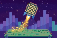 Cartoon illustration of a rocket shaped like a processor chip launching with a trail of glowing coins.