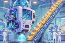 Cartoon illustration of a futuristic lithography machine printing glowing microchips in a semiconductor factory.