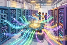 Cartoon illustration of GPU server racks in a data center connected by glowing beams of light running through a central photonic switch chip.