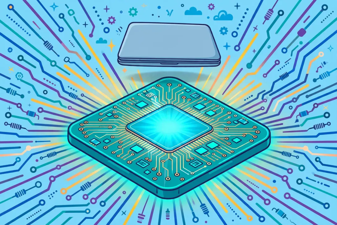 Cartoon illustration of a sleek laptop floating above a glowing computer chip, symbolizing the Nvidia RTX Spark Arm processor in Microsoft's Surface Laptop Ultra.