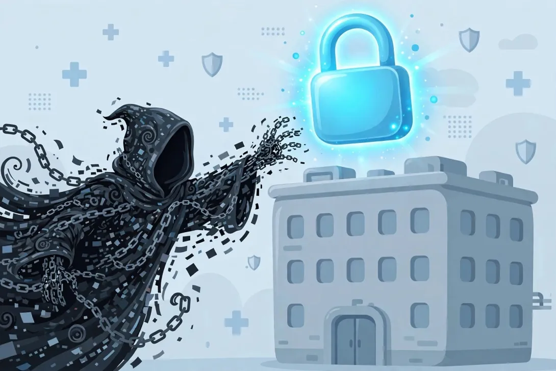 Cartoon illustration of a hooded figure made of data bits reaching toward a hospital protected by a glowing padlock.