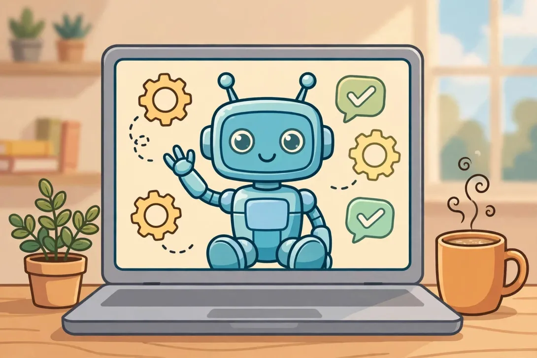Cartoon illustration of a friendly robot assistant on a laptop video call with floating chat bubbles.