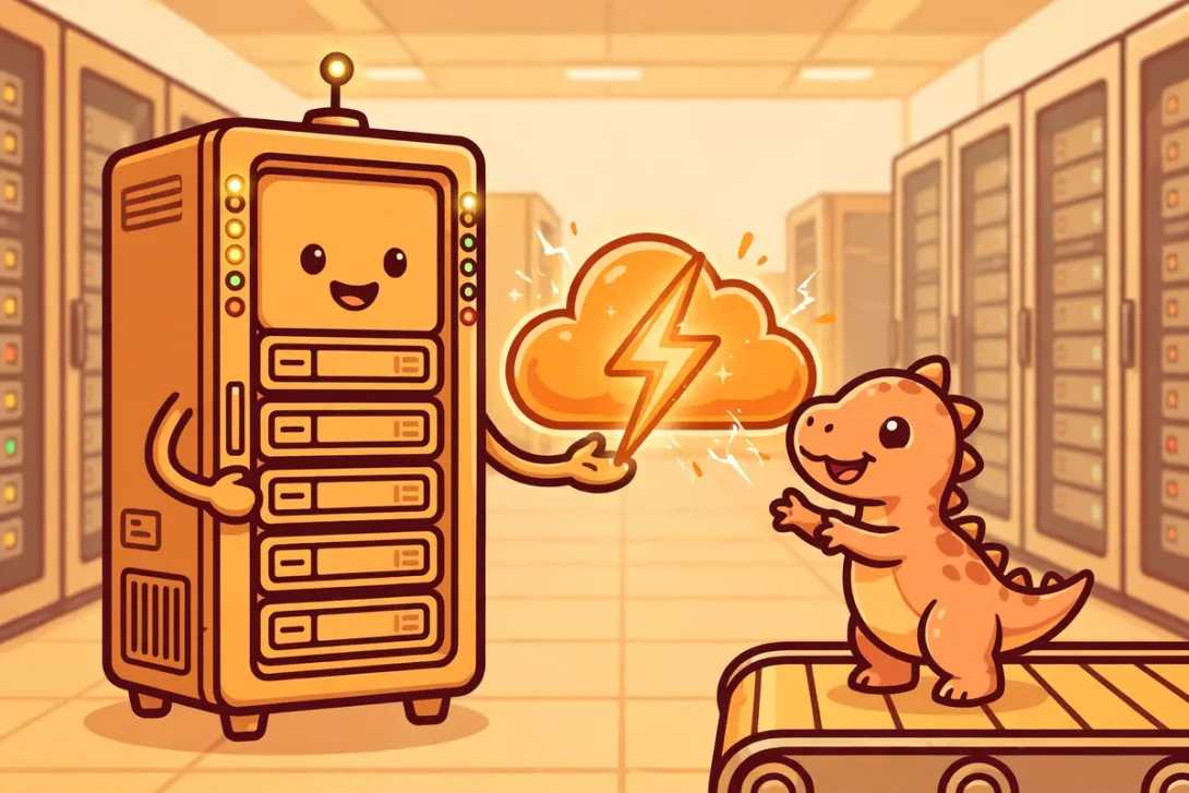 Cartoon illustration of a friendly server rack handing a glowing cloud to a small dinosaur in a data-center aisle.