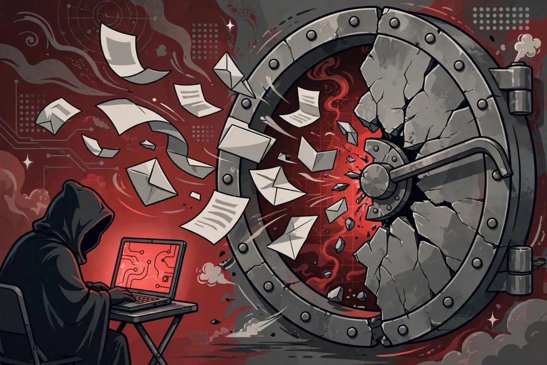 Cartoon illustration of a hooded figure at a computer reaching toward a cracked government database vault.
