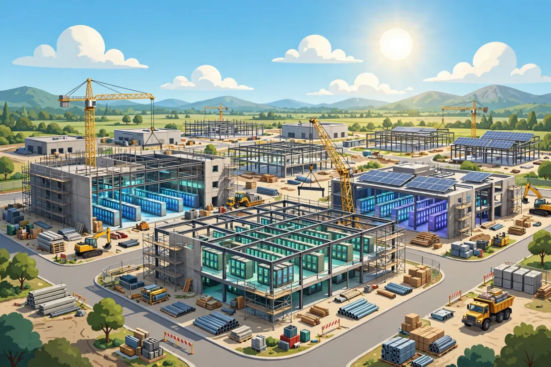 Cartoon illustration of a massive data center campus under construction beneath a bright sky.