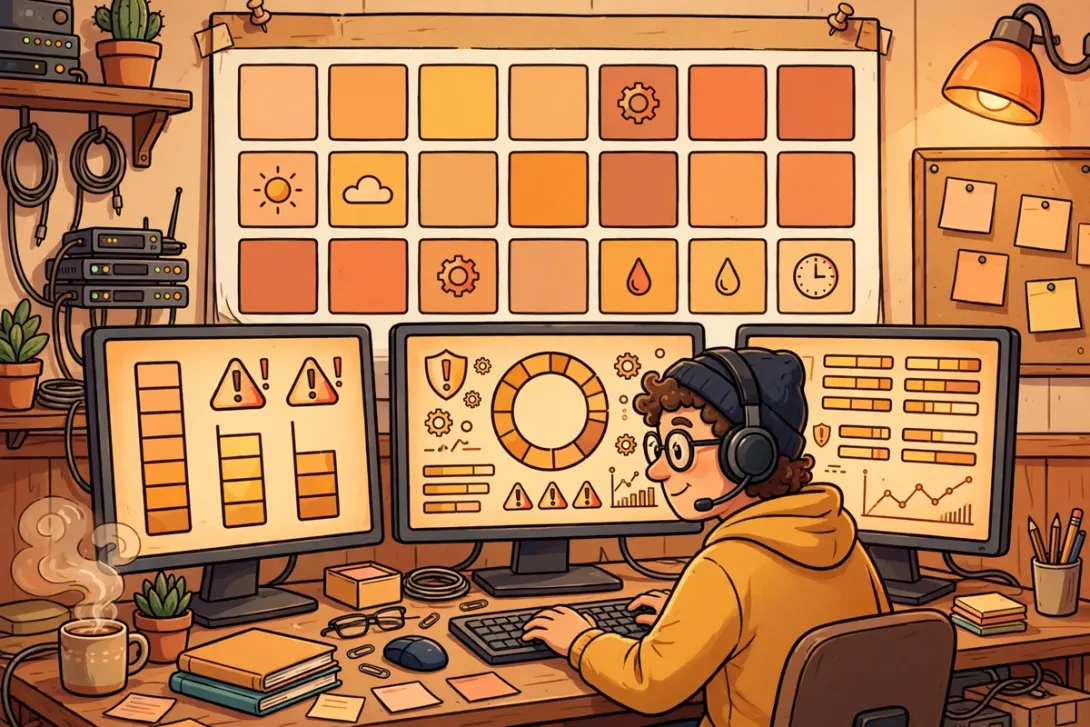 Cartoon illustration of an IT administrator checking a wall of computer monitors showing update alerts.