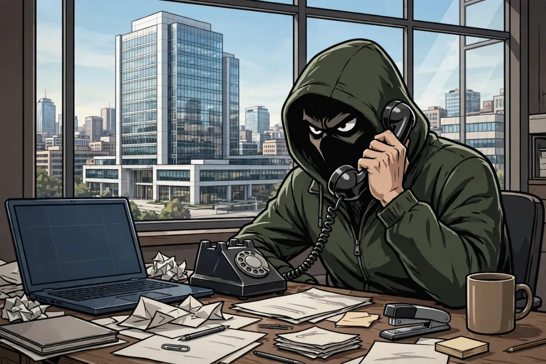 Cartoon of a hooded scammer calling a law office by phone, illustrating the Silent Ransom Group's phone-based extortion campaign.