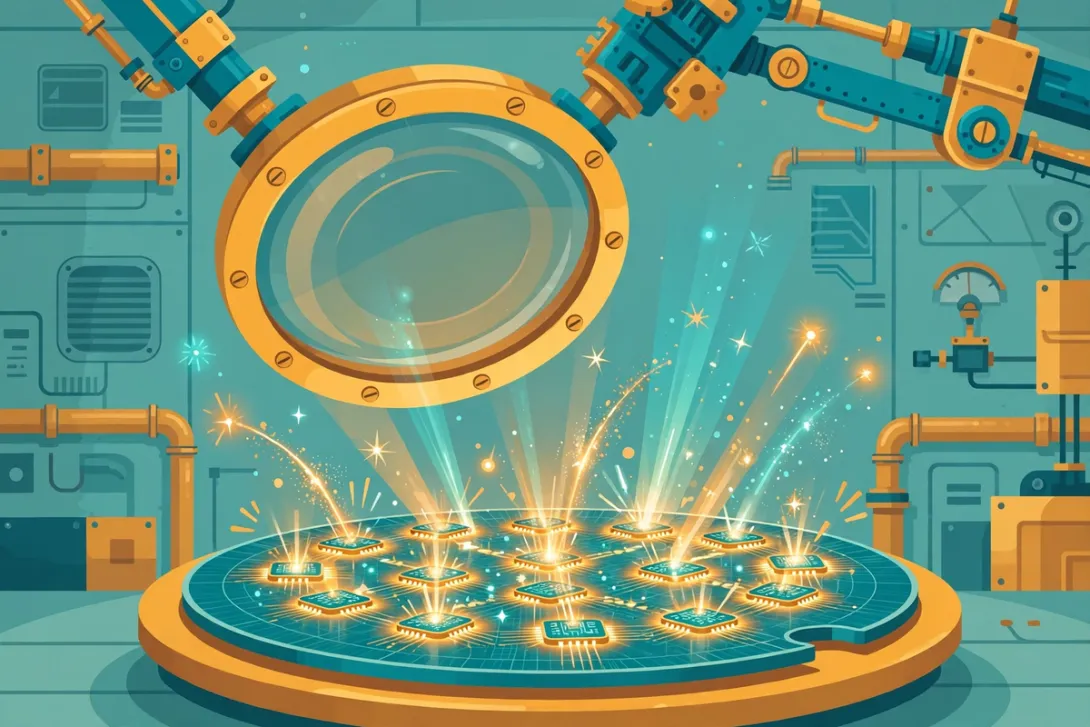 Cartoon illustration of glowing photonic chips on a silicon wafer under a factory lens.