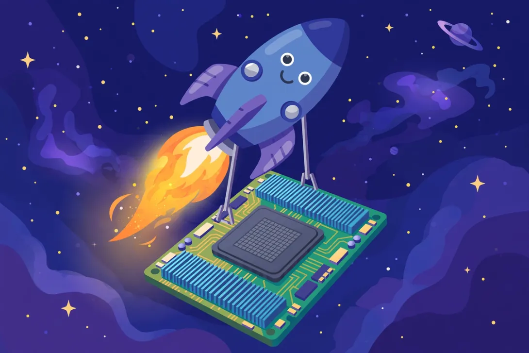 Cartoon illustration of a rocket lifting a giant GPU chip toward orbit.