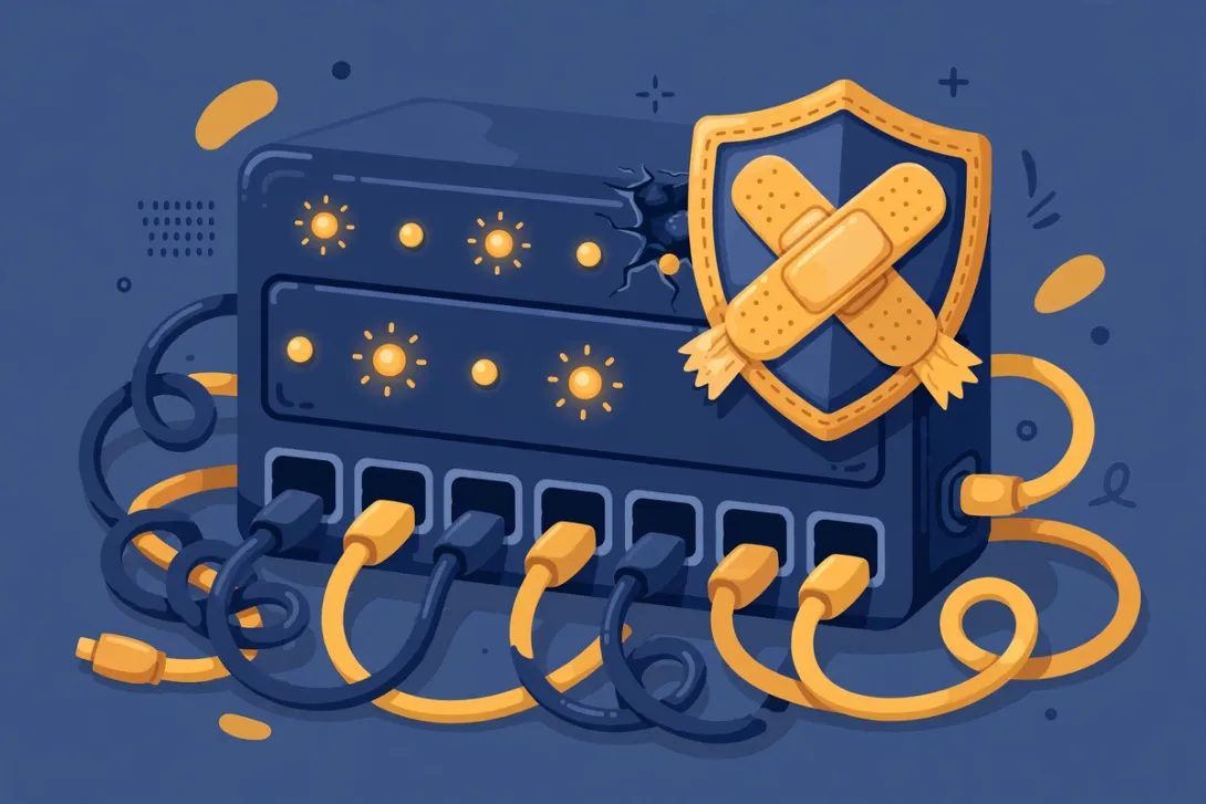 Cartoon illustration of a network switch with warning lights receiving a shield patch.