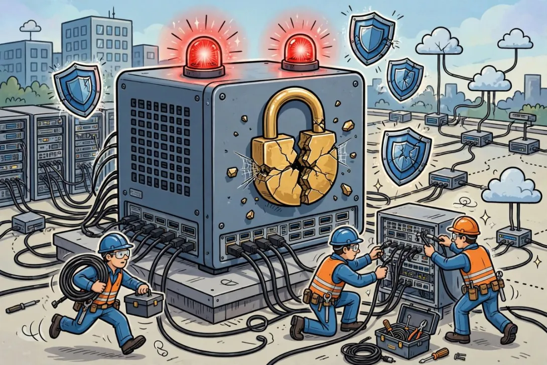 Cartoon illustration of a VPN gateway appliance with a cracking padlock as IT defenders rush to patch it.