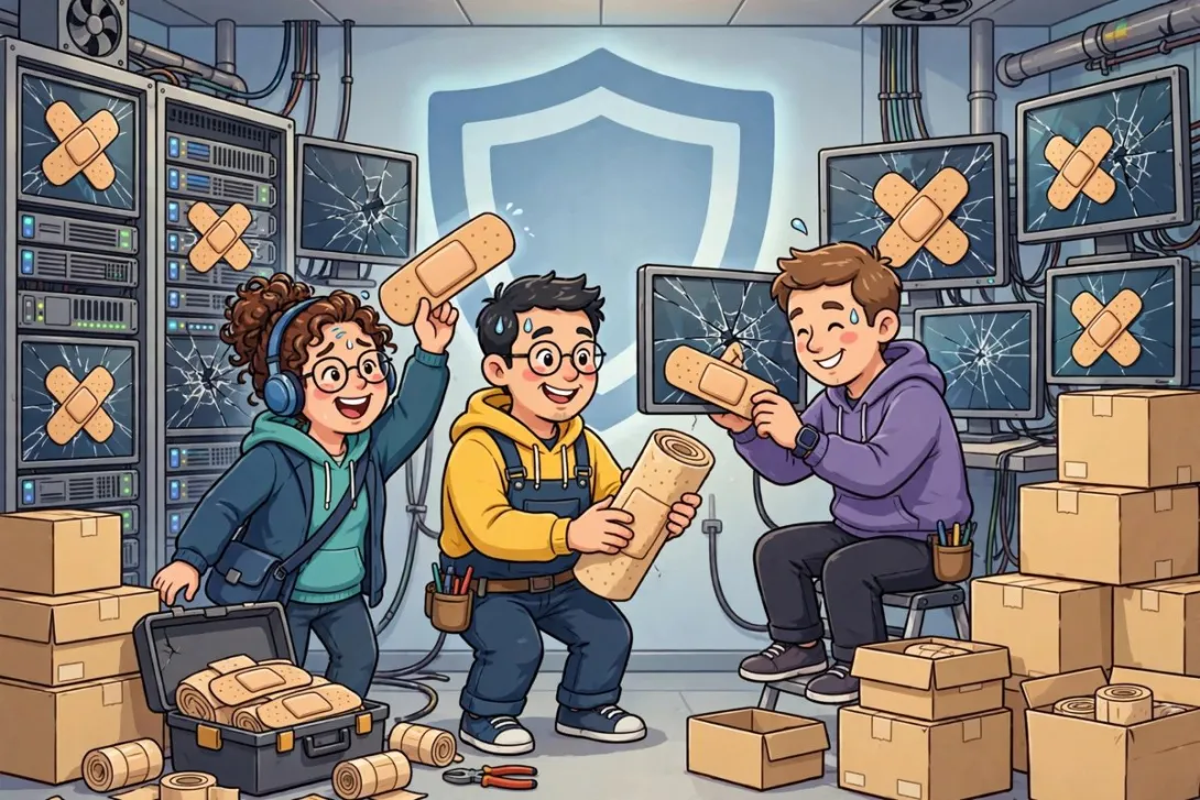 Cartoon illustration of an IT team applying oversized bandage patches to servers in a data center.