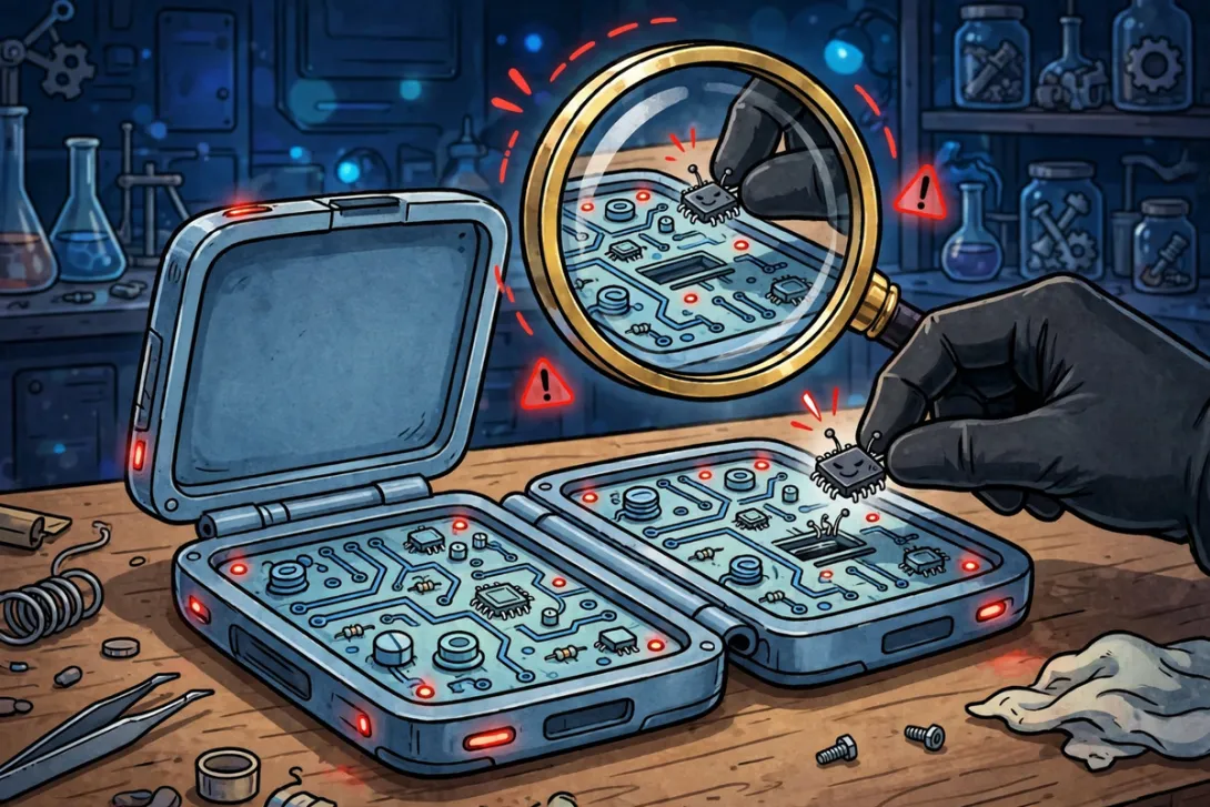 Cartoon illustration of an opened hardware wallet under a magnifying glass revealing an unauthorized implanted microchip.