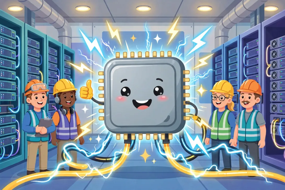 Cartoon illustration of a giant friendly computer chip giving a thumbs up among server racks inside a bright data center.