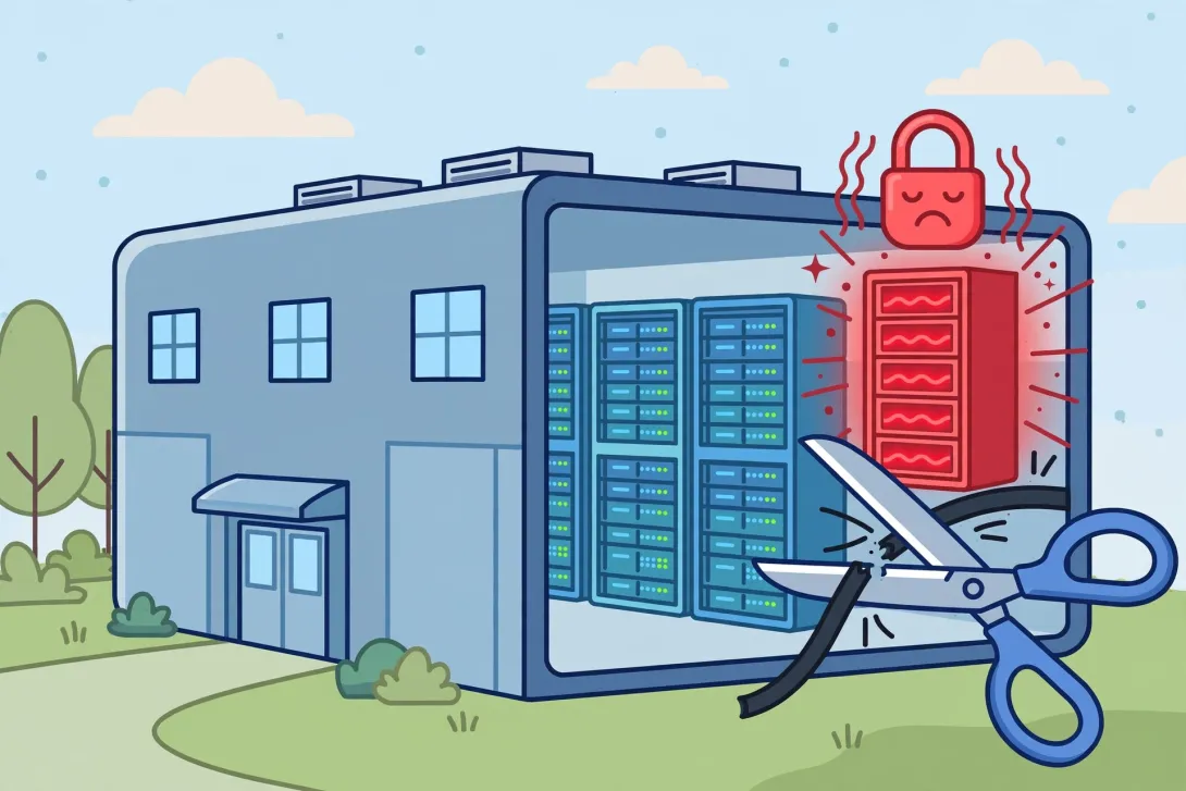 Cartoon illustration of a data center where a red locked server rack marks the ransomware-compromised zone while scissors cut a network cable to isolate the attack.