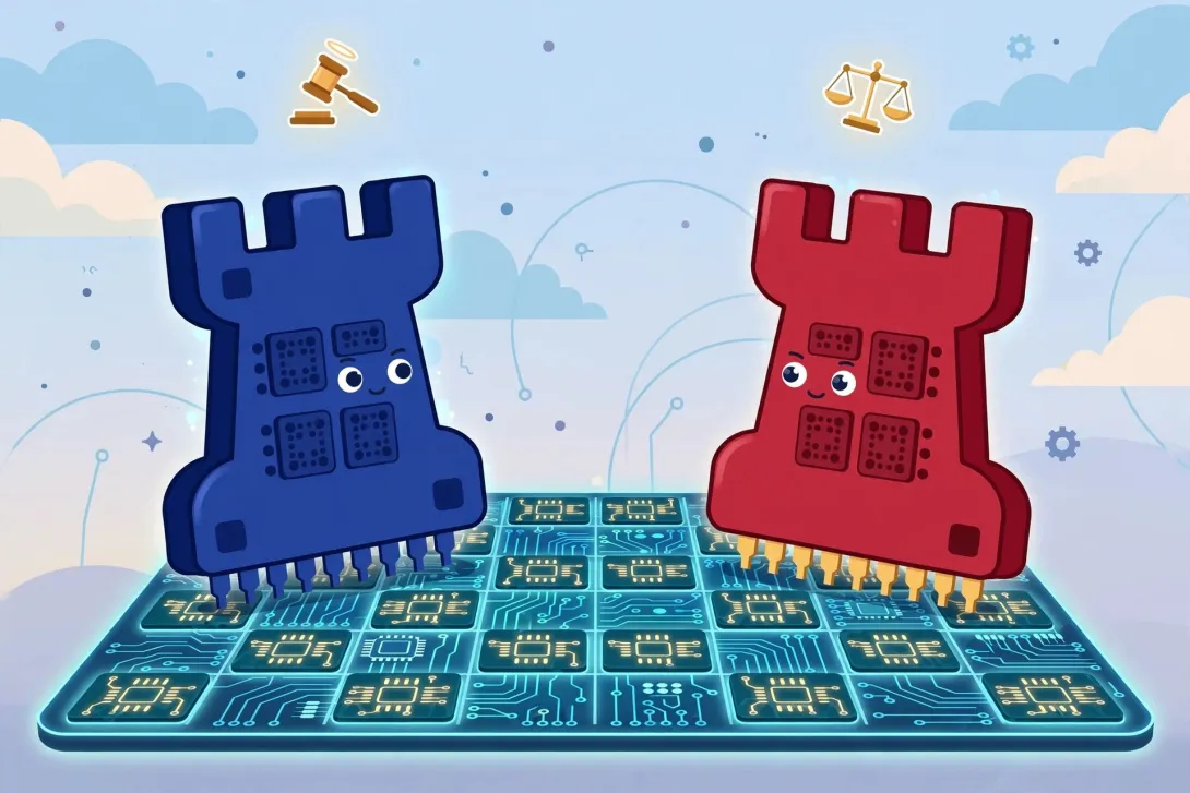 Cartoon illustration of two giant memory chips facing off like chess pieces on a circuit-board chessboard.