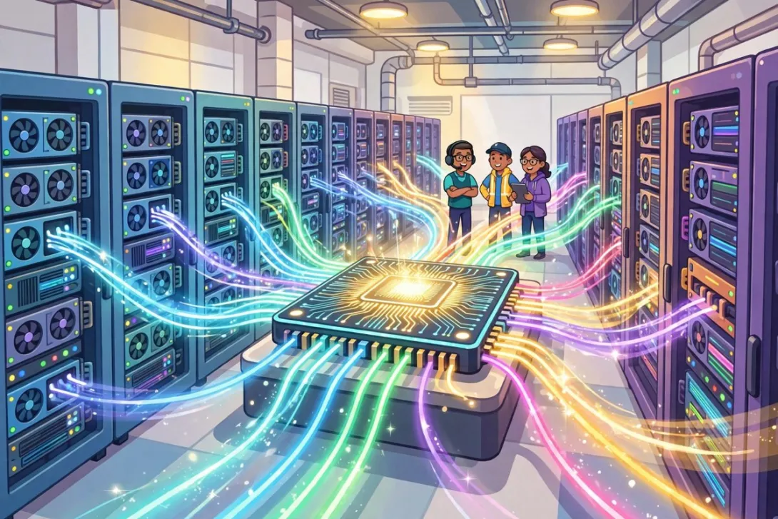 Cartoon illustration of GPU server racks in a data center connected by glowing beams of light running through a central photonic switch chip.